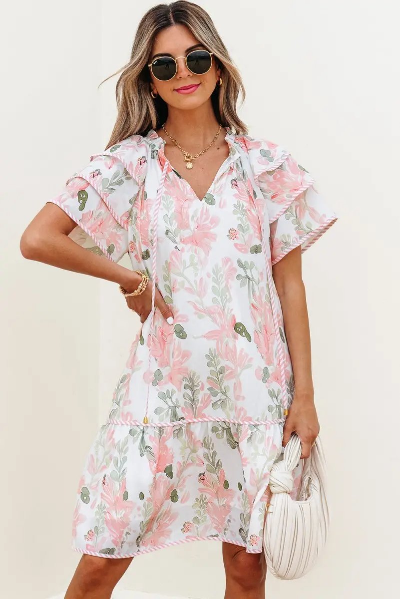 Pink Floral Contrast Edge Layered Short Sleeve Mini Dress - Love Salve